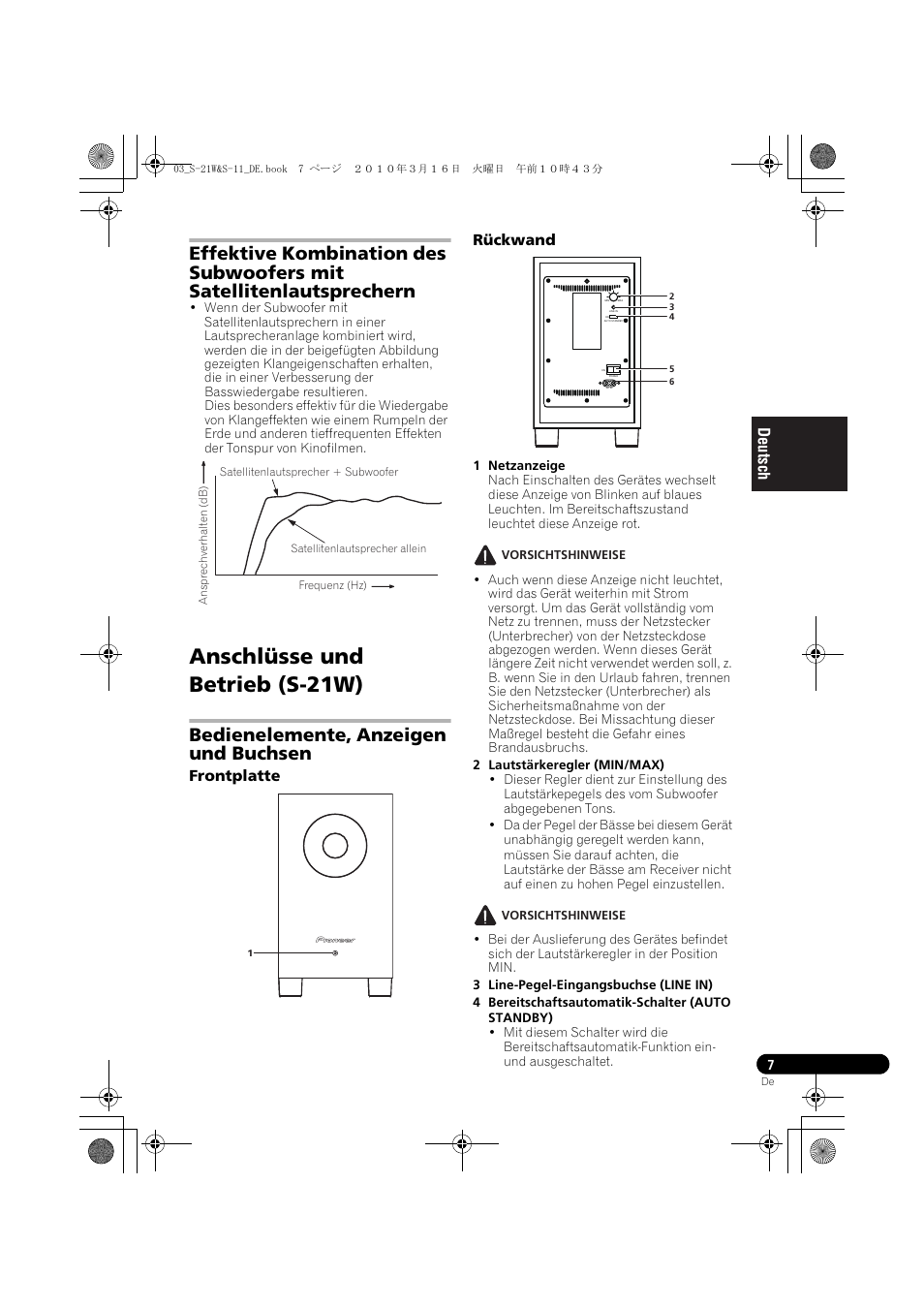 Anschlüsse und betrieb (s-21w), Bedienelemente, anzeigen und buchsen, Frontplatte rückwand | Pioneer S-HS100 User Manual | Page 33 / 112