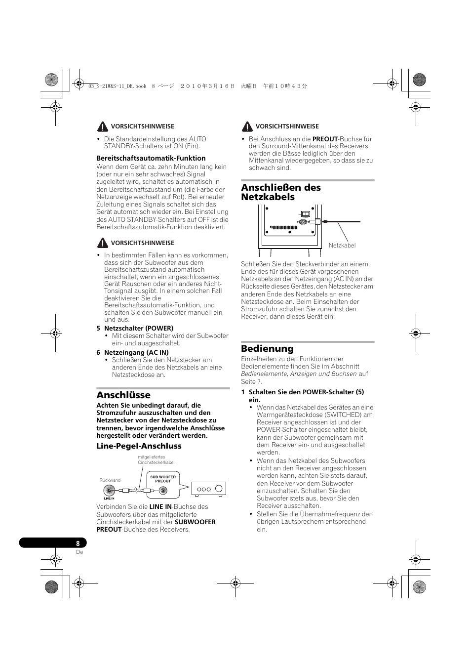 Anschlüsse, Anschließen des netzkabels, Bedienung | Pioneer S-HS100 User Manual | Page 34 / 112