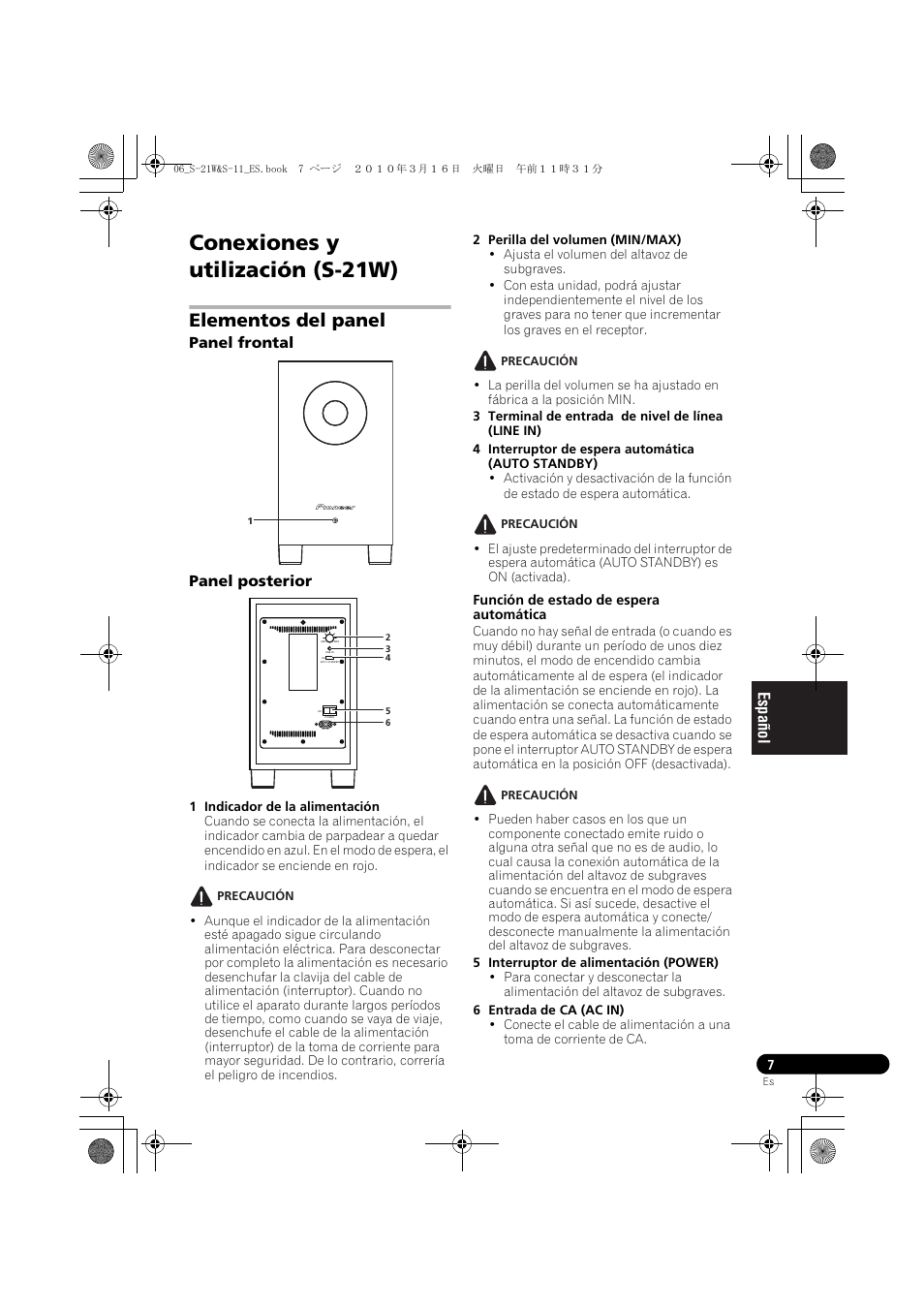 Conexiones y utilización (s-21w), Elementos del panel | Pioneer S-HS100 User Manual | Page 69 / 112