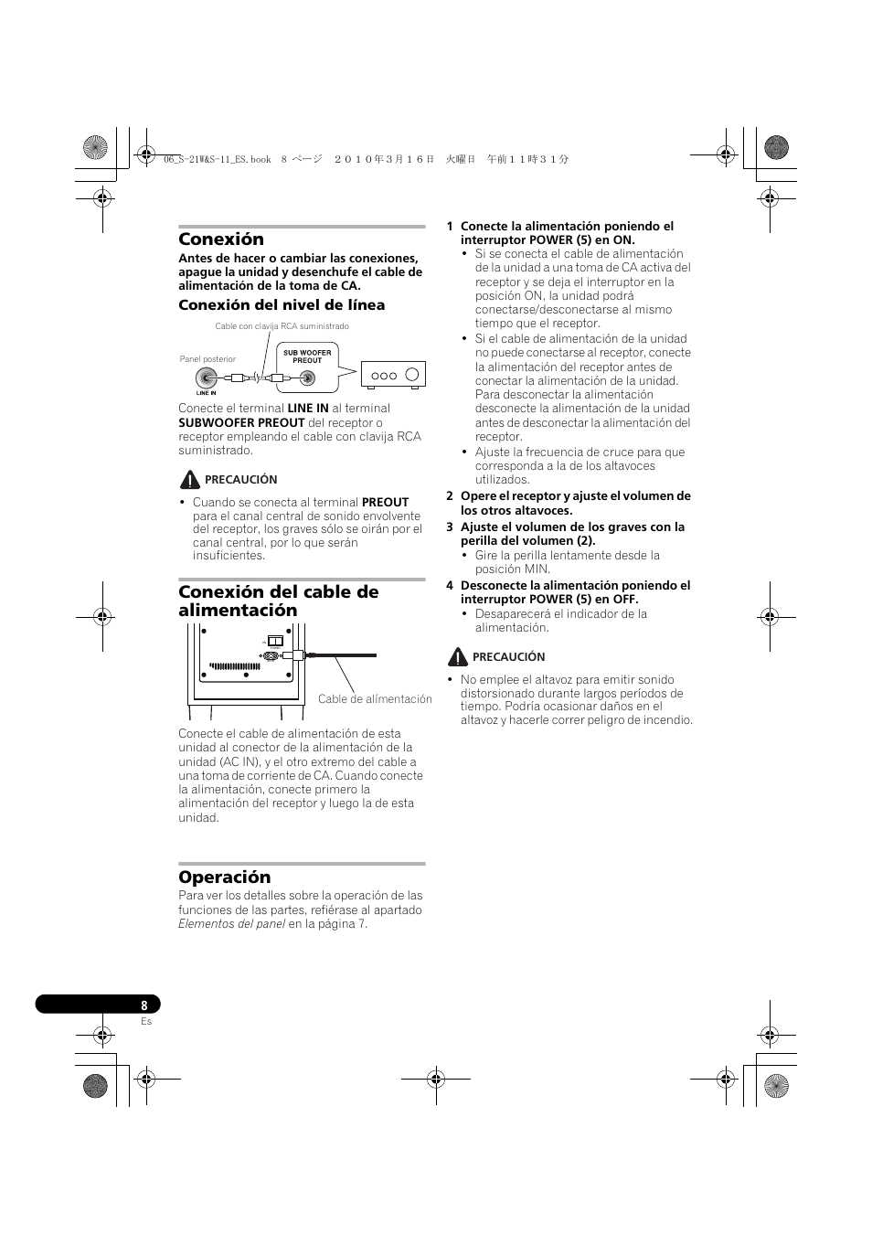 Conexión, Conexión del cable de alimentación, Operación | Pioneer S-HS100 User Manual | Page 70 / 112