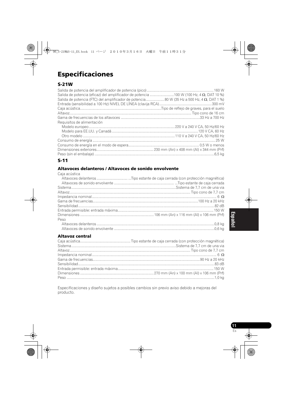 Especificaciones | Pioneer S-HS100 User Manual | Page 73 / 112