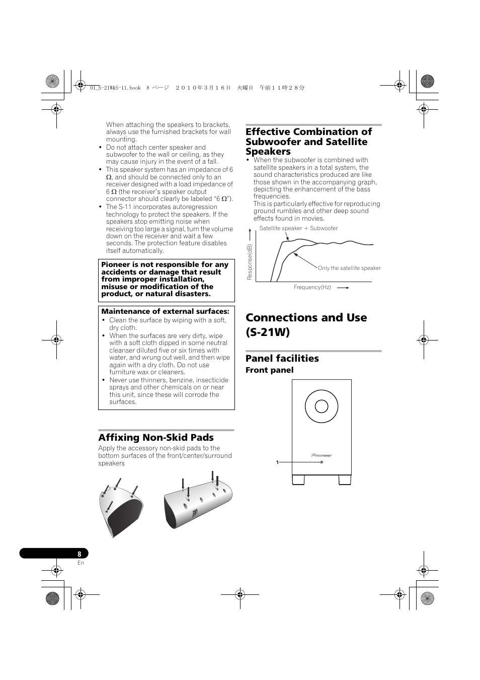 Connections and use (s-21w), Affixing non-skid pads, Panel facilities | Pioneer S-HS100 User Manual | Page 8 / 112