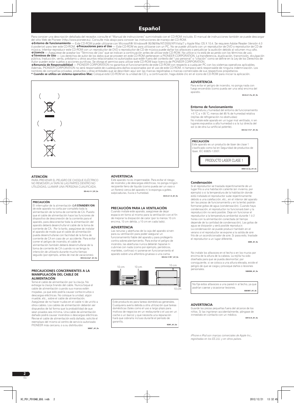 Sistema receptor de cd / cd-receiversystem, Español, Producto laser clase 1 | Pioneer P1-S User Manual | Page 10 / 32