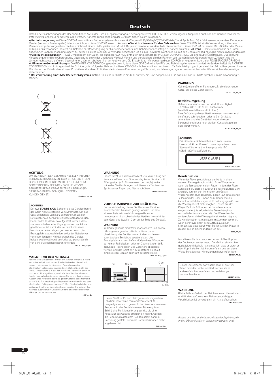 Kurzanleitung / guida di avvio rapido, Deutsch, Laser klasse 1 | Pioneer P1-S User Manual | Page 14 / 32