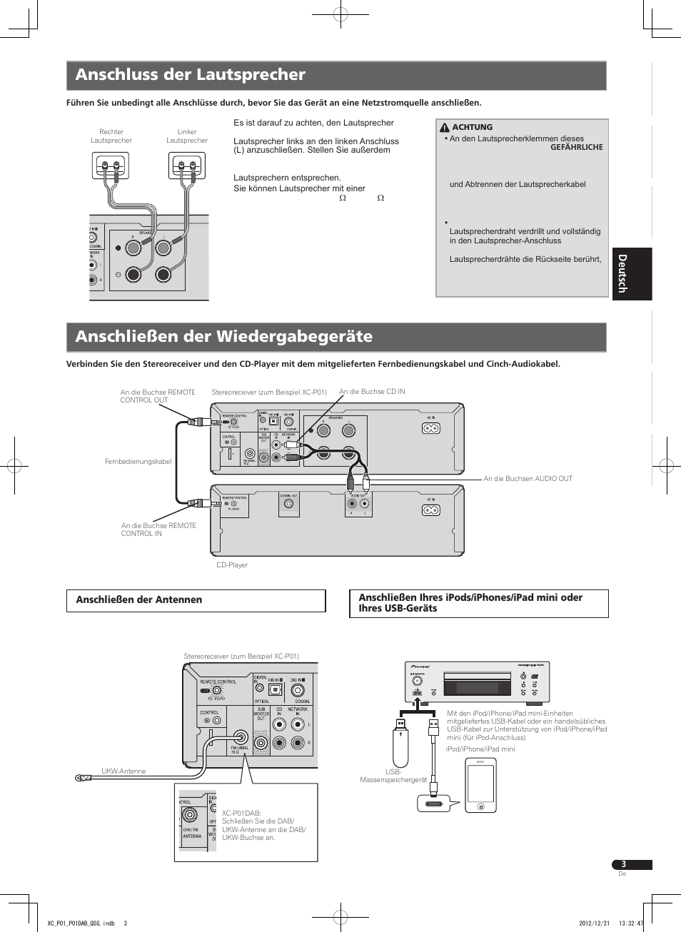 Anschluss der lautsprecher, Anschließen der wiedergabegeräte | Pioneer P1-S User Manual | Page 15 / 32