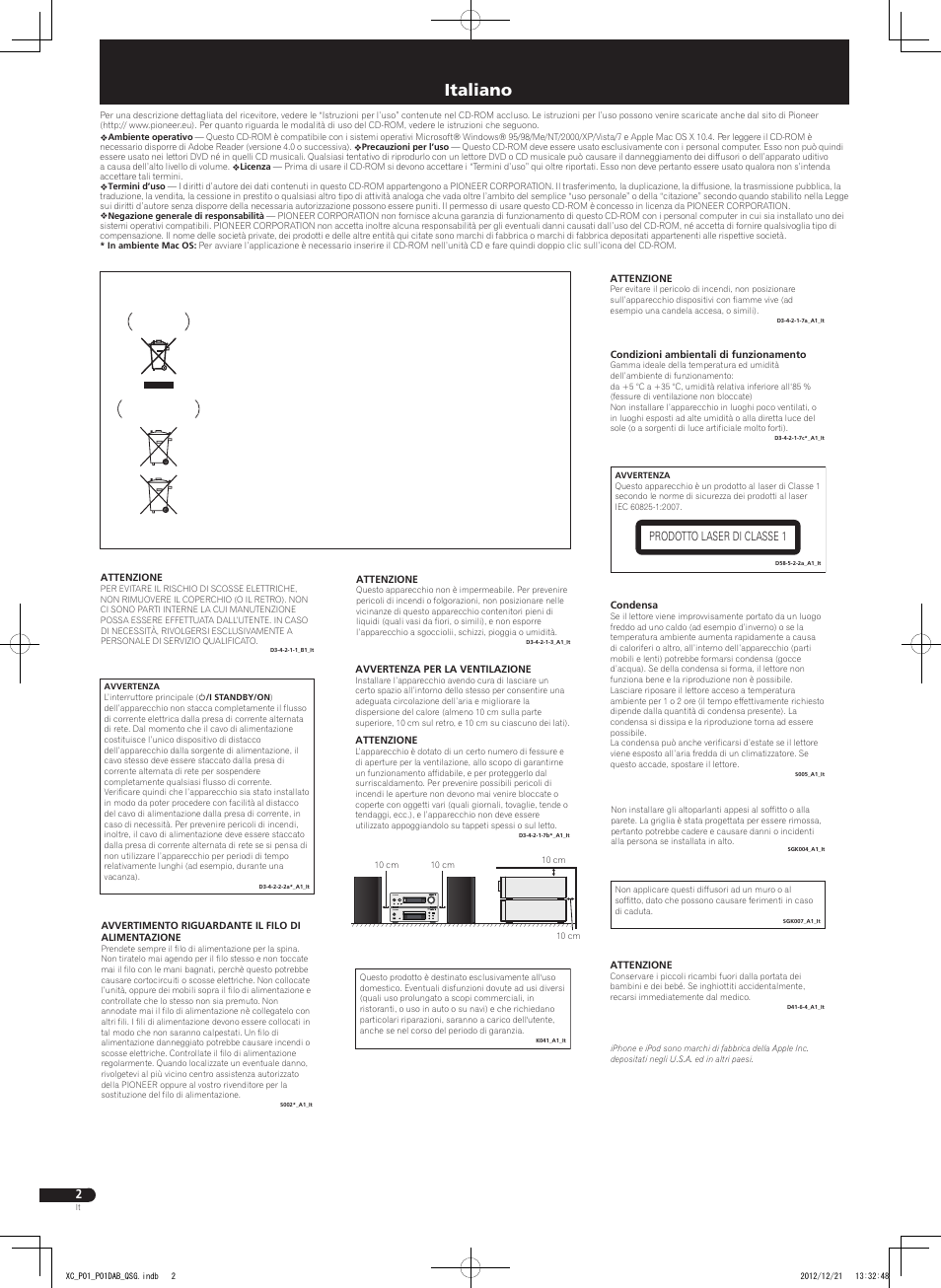 Sistema ricevitore cd / cd receiver system, Italiano, Prodotto laser di classe 1 | Pioneer P1-S User Manual | Page 18 / 32