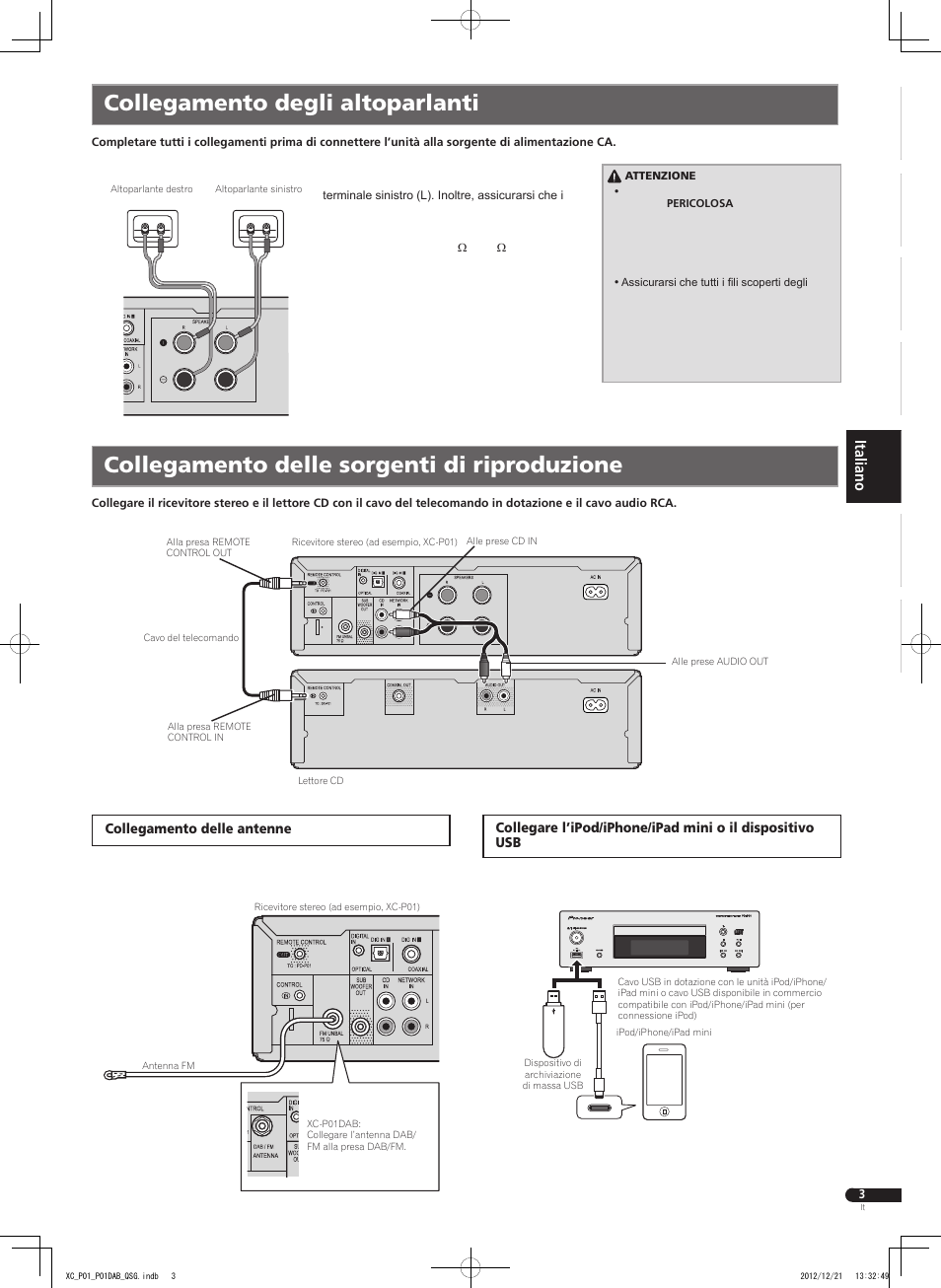Collegamento degli altoparlanti, Collegamento delle sorgenti di riproduzione | Pioneer P1-S User Manual | Page 19 / 32