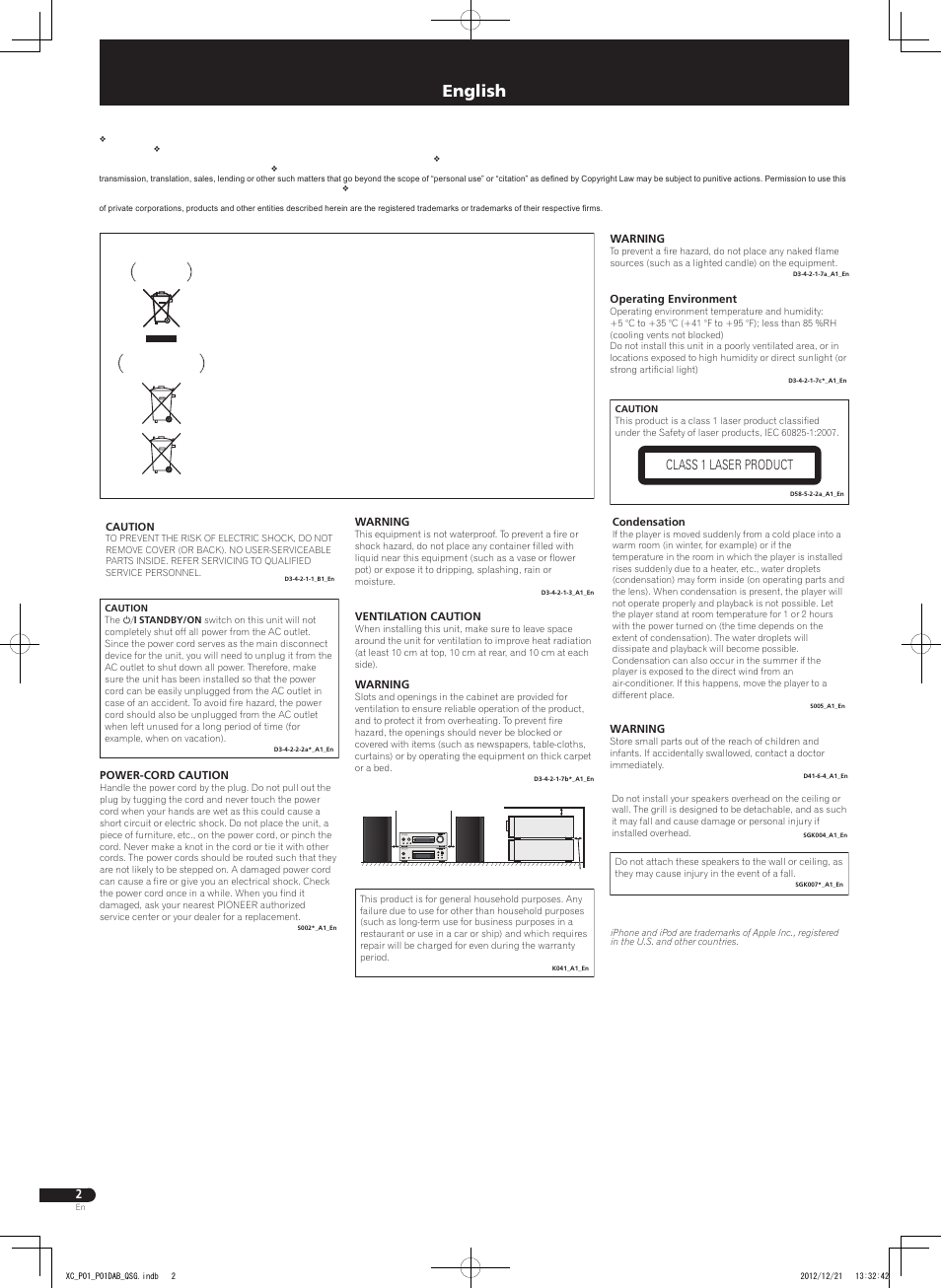 Cd receiver system, English, Class 1 laser product | Pioneer P1-S User Manual | Page 2 / 32