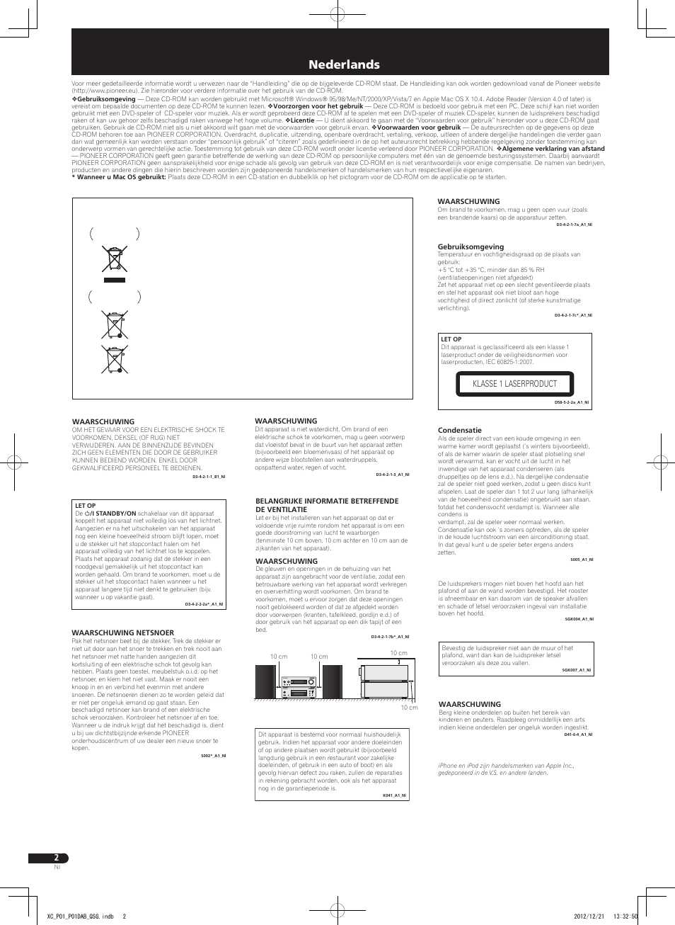 Snelstartgids, Nederlands, Klasse 1 laserproduct | Pioneer P1-S User Manual | Page 22 / 32
