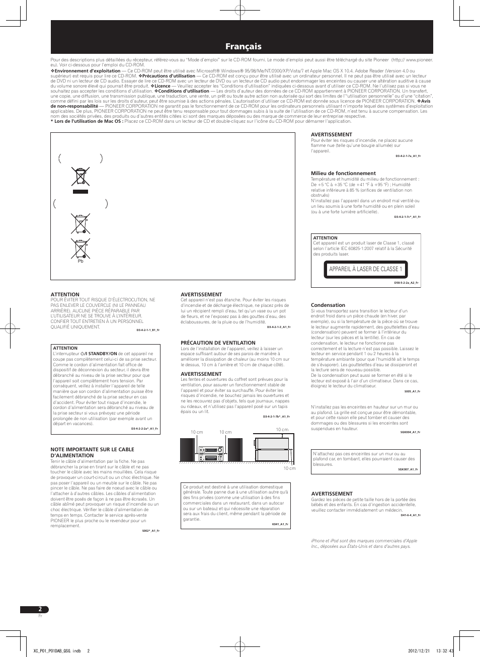 Ampli-tuner cd, Français, Appareil à laser de classe 1 | Pioneer P1-S User Manual | Page 6 / 32