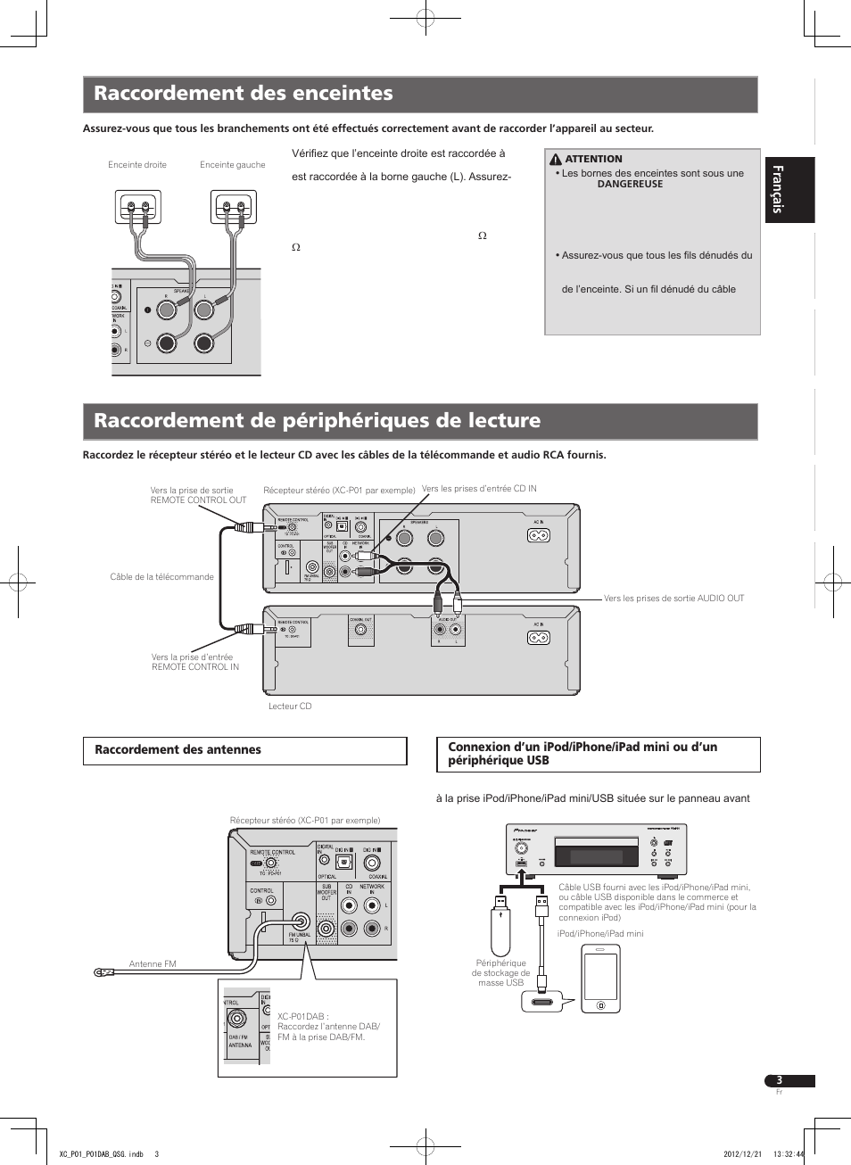 Raccordement des enceintes, Raccordement de périphériques de lecture | Pioneer P1-S User Manual | Page 7 / 32