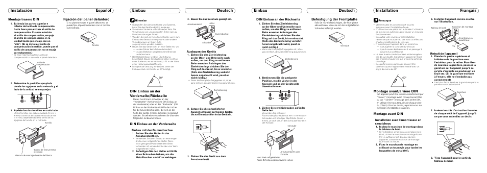 Fijación del panel delantero, Din einbau an der vorderseite/rückseite, Befestigung der frontplatte | Montage avant/arrière din, Montaje trasero din, Din einbau an der vorderseite, Din einbau an der rückseite, Montage avant din | Pioneer DEH-P4100SD User Manual | Page 2 / 8