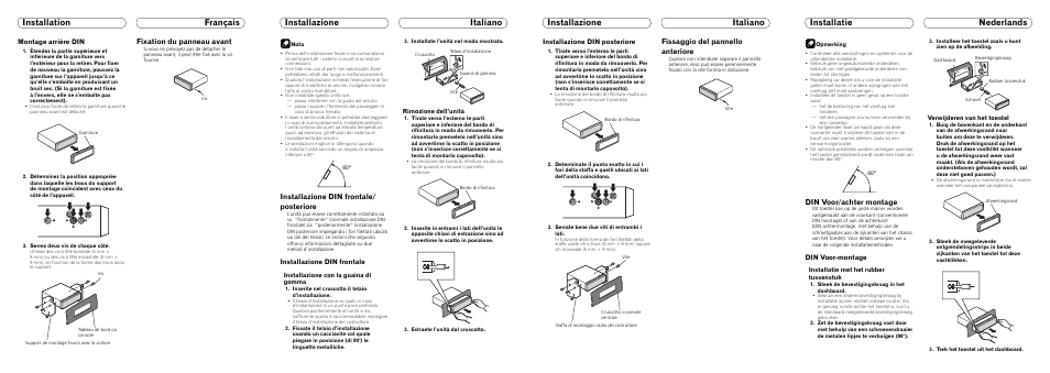 Fixation du panneau avant, Installazione din frontale/ posteriore, Fissaggio del pannello anteriore | Din voor/achter montage, Montage arrière din, Installazione din frontale, Installazione din posteriore, Din voor-montage | Pioneer DEH-P4100SD User Manual | Page 3 / 8