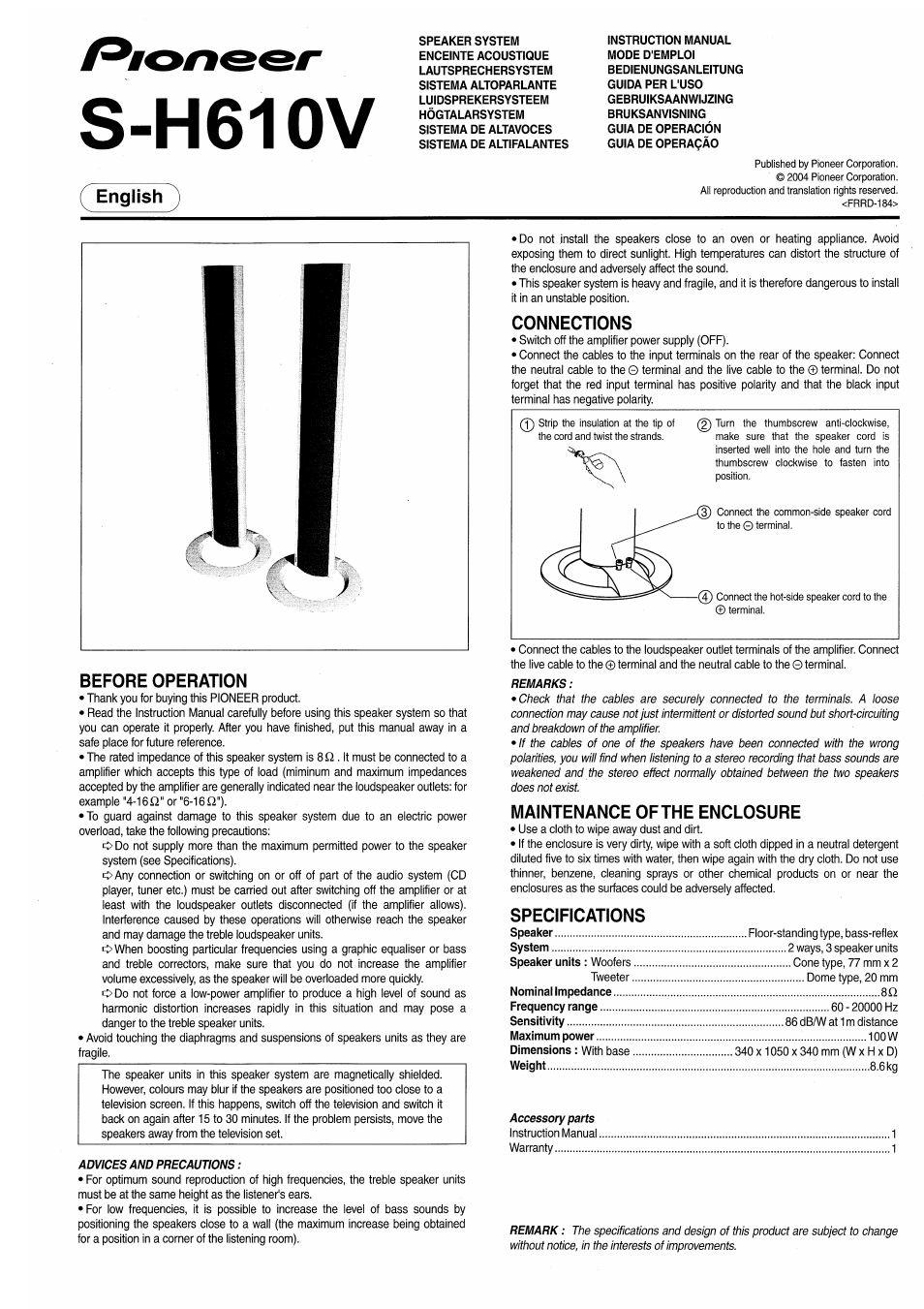 Pioneer S-H610V User Manual | 8 pages