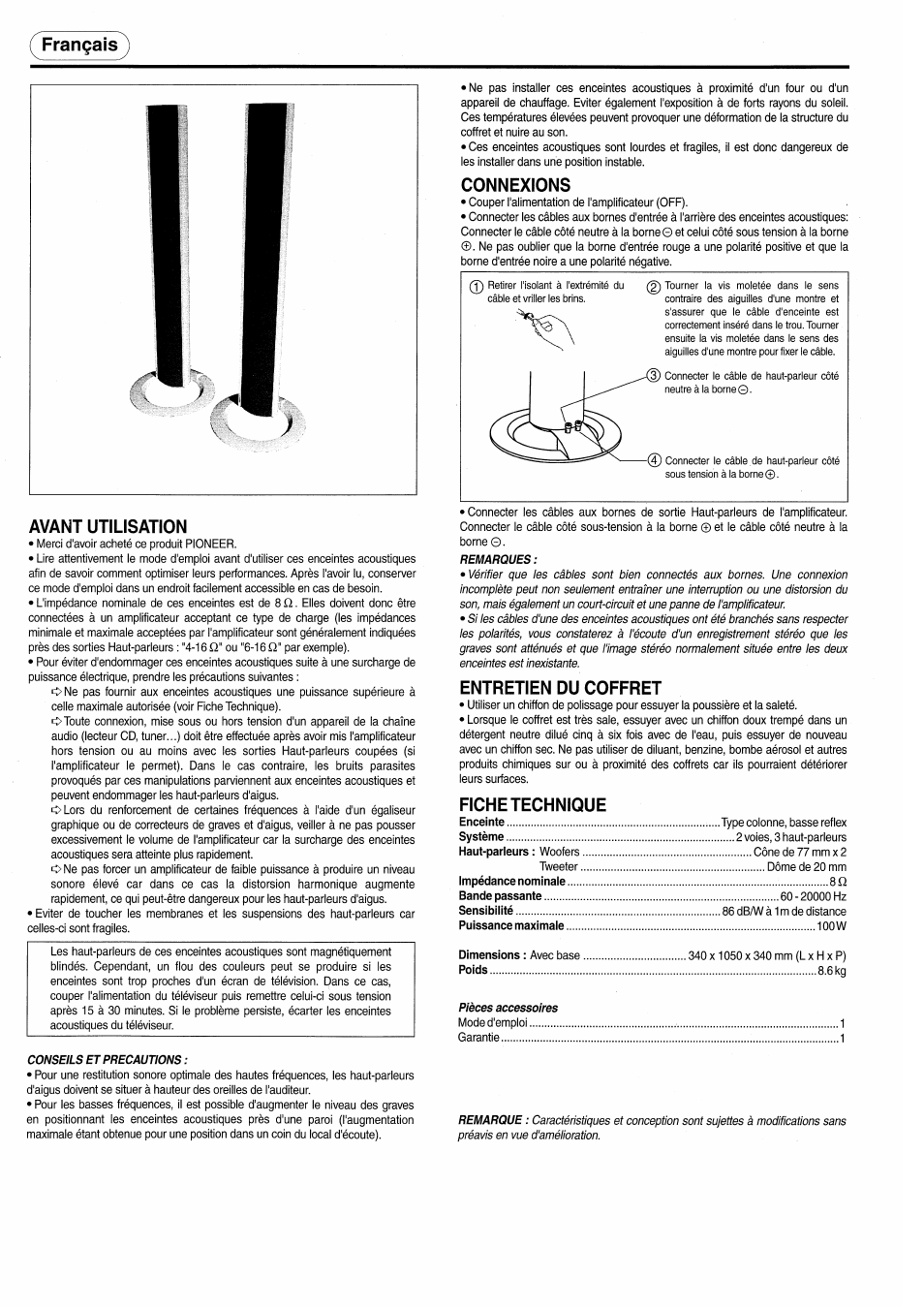 Français, Avant utilisation, Connexions | Entretien du coffret, Fiche technique, Français avant utilisation | Pioneer S-H610V User Manual | Page 2 / 8