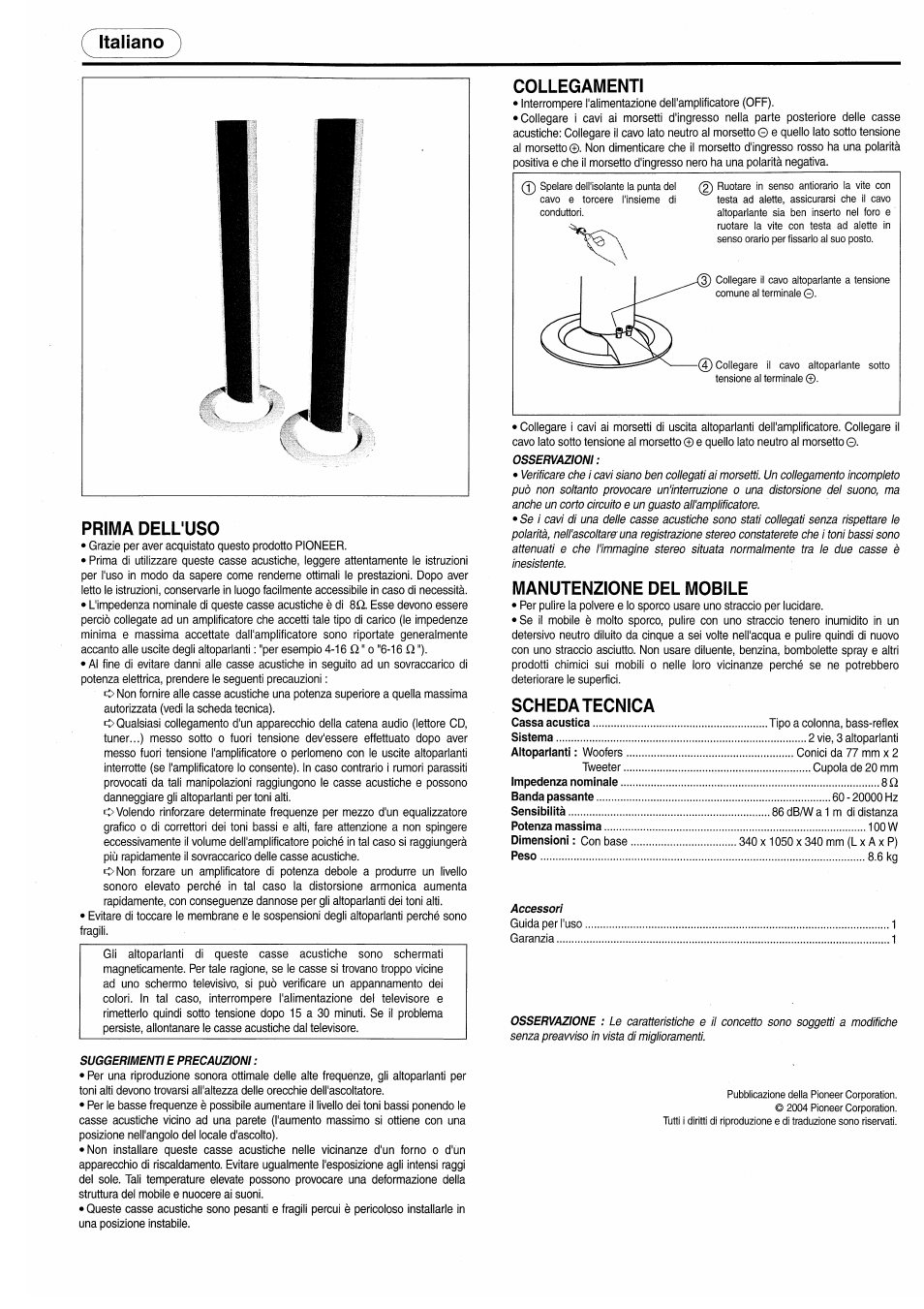 Italiano prima dell'uso, Collegamenti, Manutenzione del mobile | Scheda tecnica | Pioneer S-H610V User Manual | Page 3 / 8