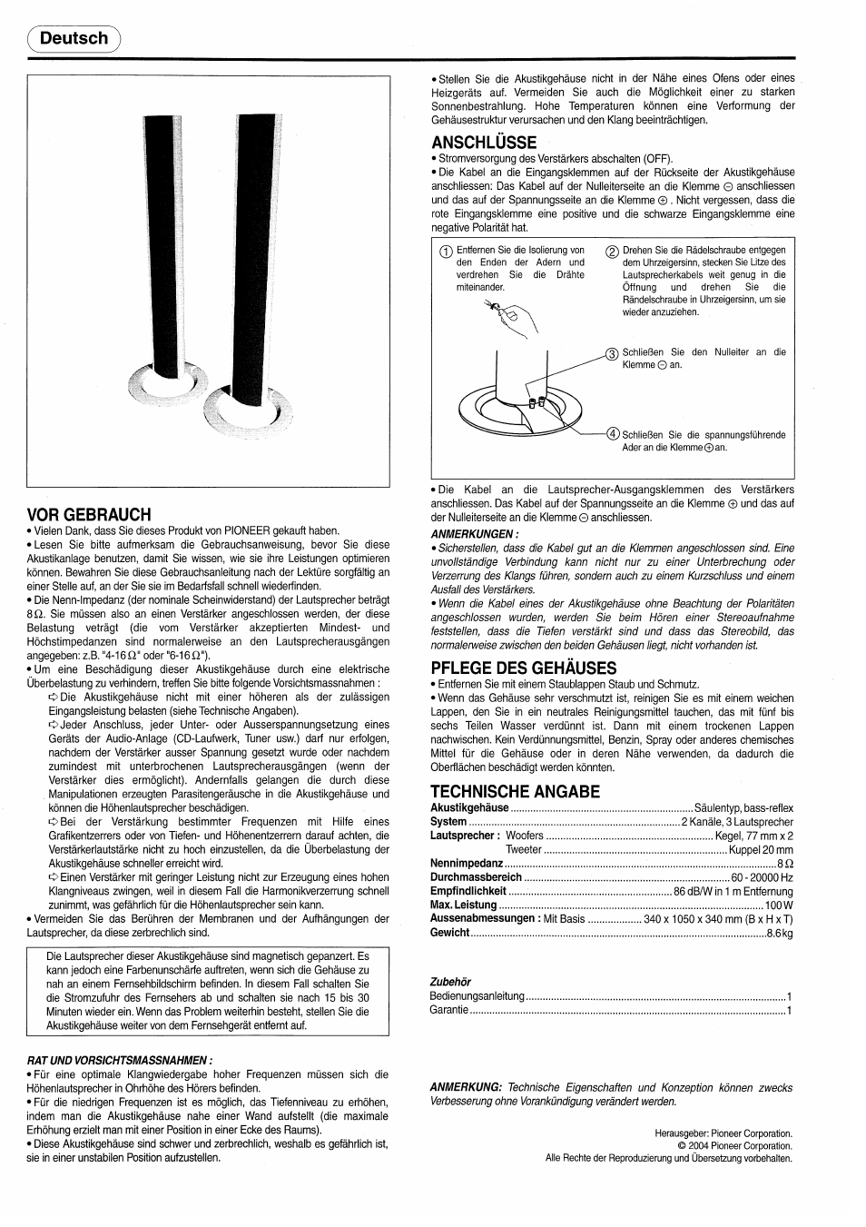 Deutsch, Vor gebrauch, Anschlüsse | Pflege des gehäuses, Technische angabe, Deutsch vor gebrauch | Pioneer S-H610V User Manual | Page 4 / 8