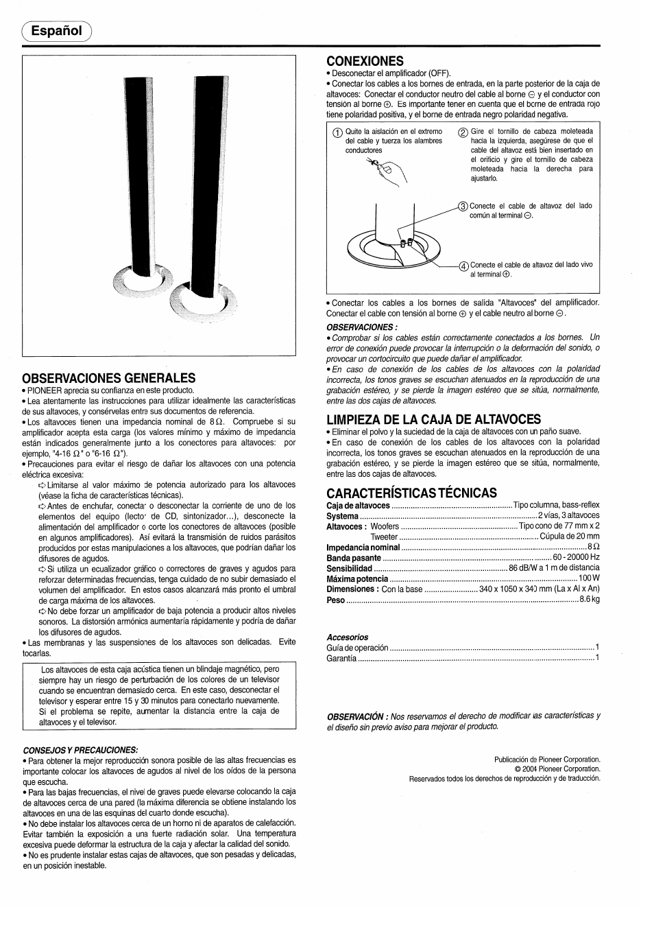 Español, Observaciones generales, Conexiones | Limpieza de la caja de altavoces, Características técnicas, Español observaciones generales | Pioneer S-H610V User Manual | Page 6 / 8