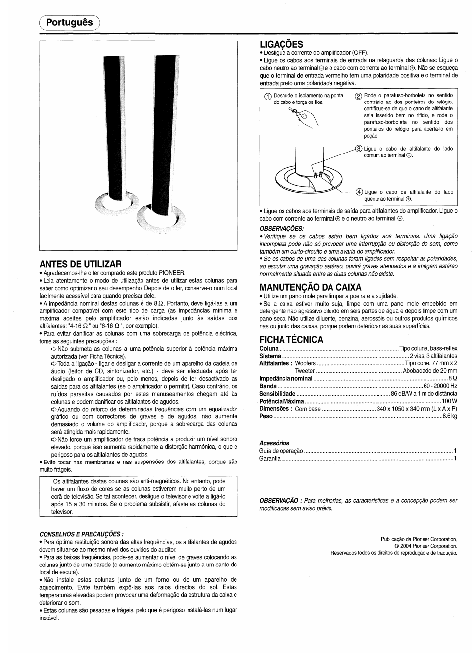Portugués antes de utilizar, Ligaqoes, Manutençâo da caixa | Ficha técnica | Pioneer S-H610V User Manual | Page 7 / 8