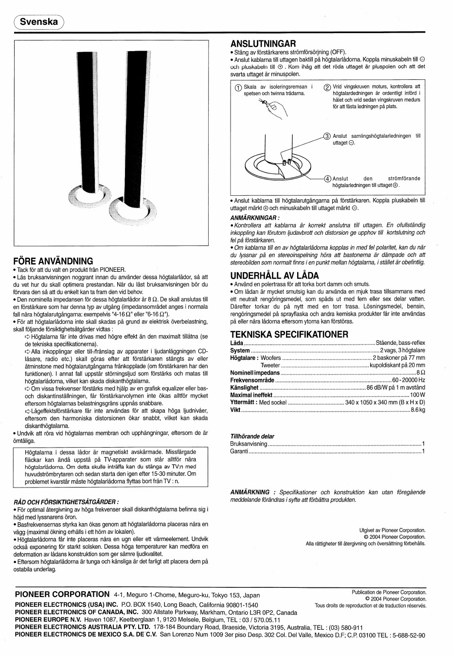 Svenska, Fore anvandning, Anslutningar | Underháll av láda, Tekniska specifikationer, Svenska fore anvandning, Pioneer corporation | Pioneer S-H610V User Manual | Page 8 / 8