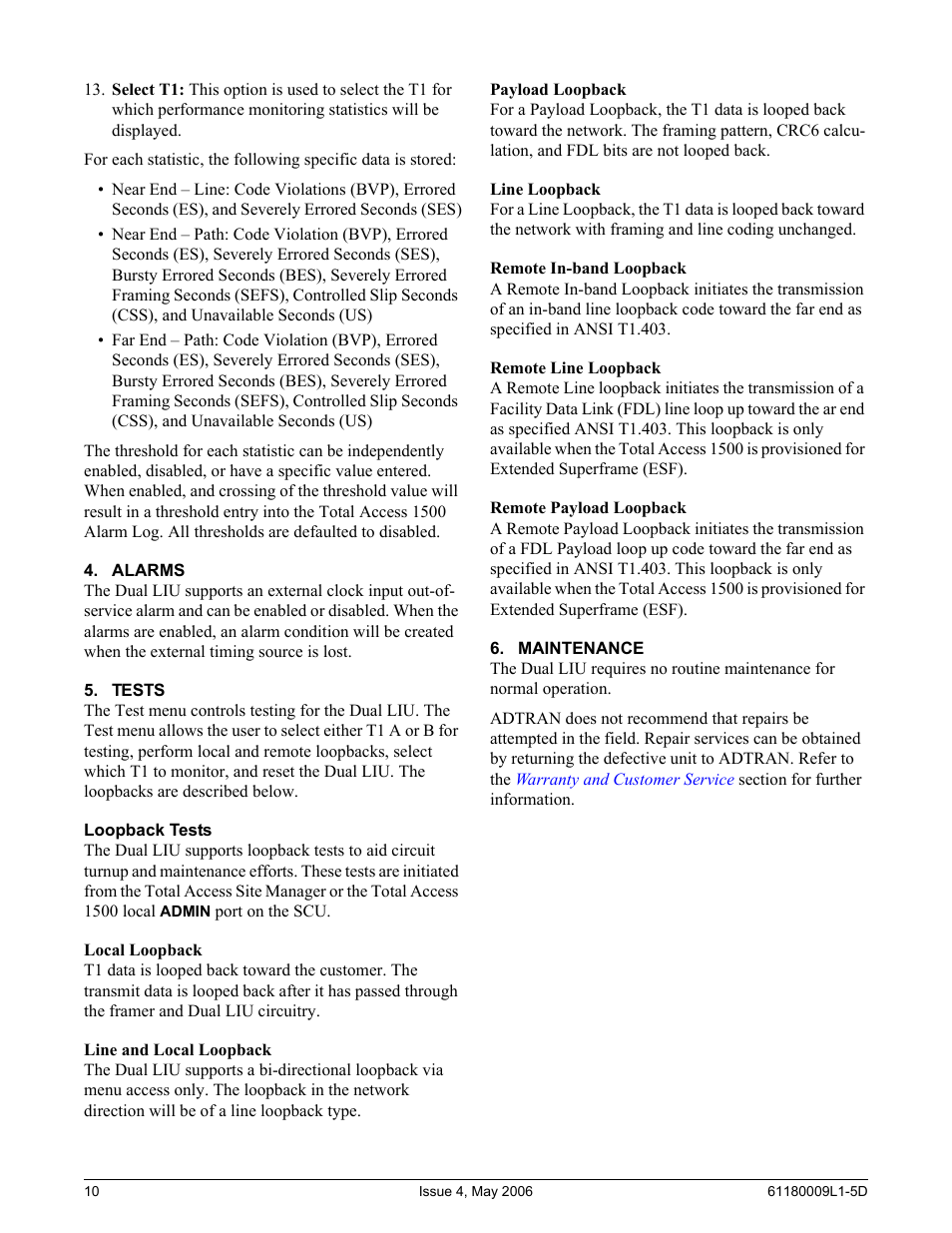 Alarms, Tests, Loopback tests | Local loopback, Line and local loopback, Payload loopback, Line loopback, Remote in-band loopback, Remote line loopback, Remote payload loopback | ADTRAN 1500 User Manual | Page 10 / 12