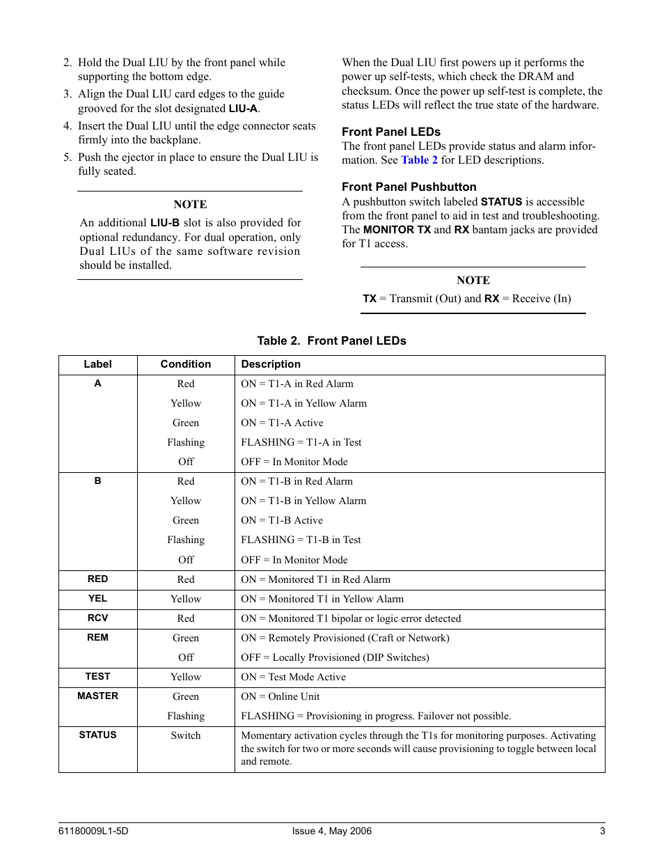 Front panel leds, Front panel pushbutton, Table 2. front panel leds | ADTRAN 1500 User Manual | Page 3 / 12