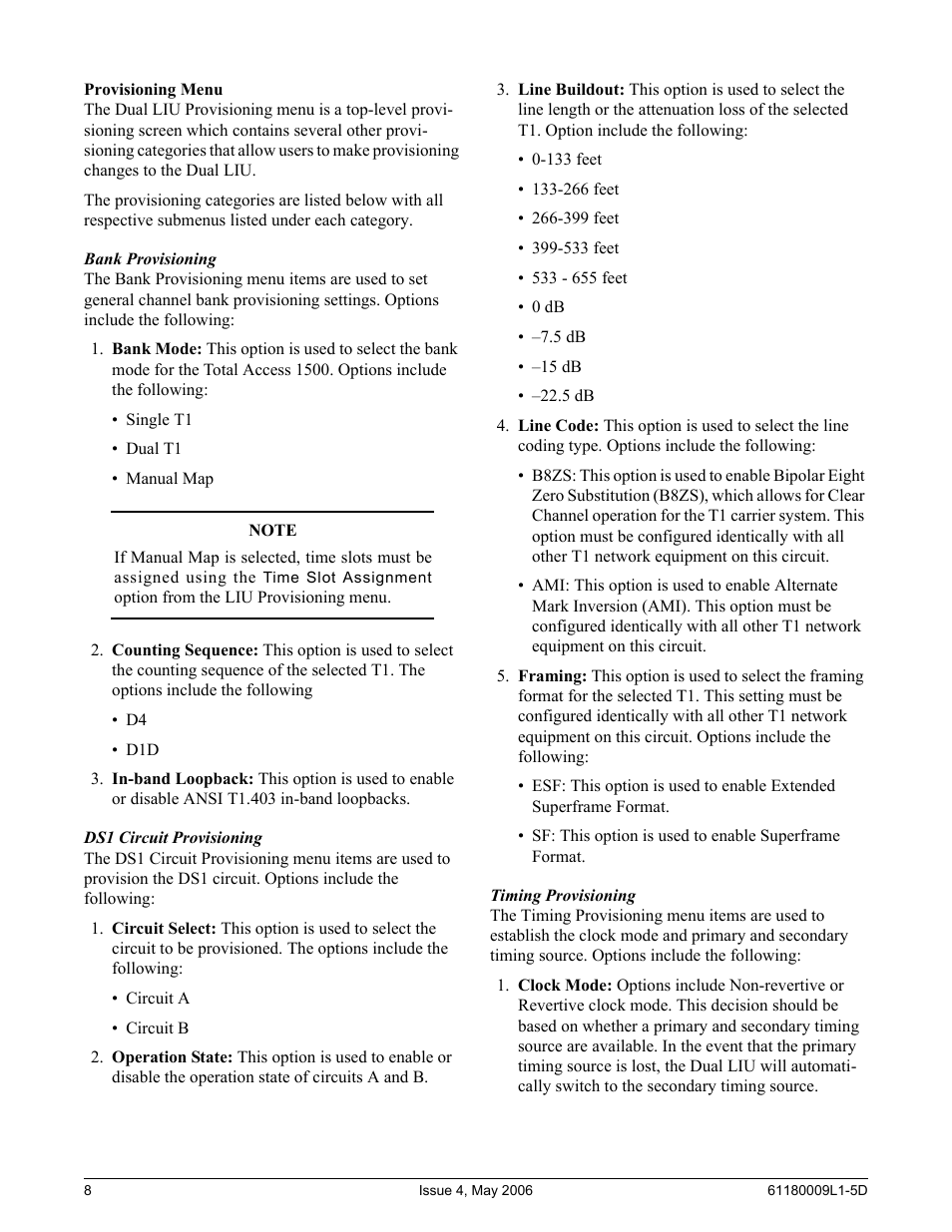 Provisioning menu, Bank provisioning, Ds1 circuit provisioning | Timing provisioning | ADTRAN 1500 User Manual | Page 8 / 12