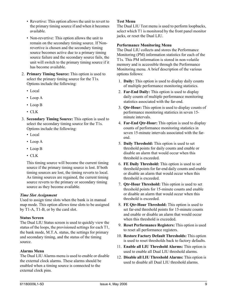 Time slot assignment, Status screen, Alarms menu | Test menu, Performance monitoring menu | ADTRAN 1500 User Manual | Page 9 / 12