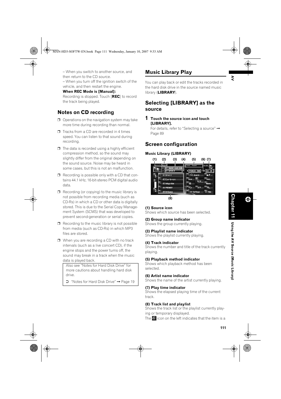 Music library play, Selecting [library] as the source, Screen configuration | Pioneer AVIC-HD3 User Manual | Page 113 / 202