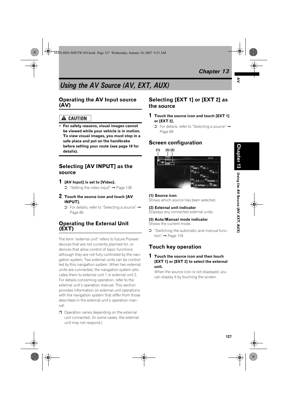 Using the av source (av, ext, aux), Chapter 13 | Pioneer AVIC-HD3 User Manual | Page 129 / 202