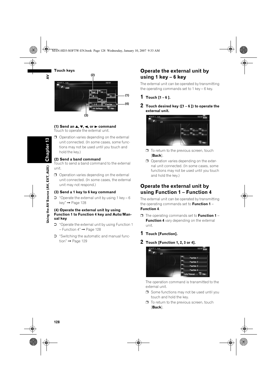 Operate the external unit by using 1 key – 6 key | Pioneer AVIC-HD3 User Manual | Page 130 / 202