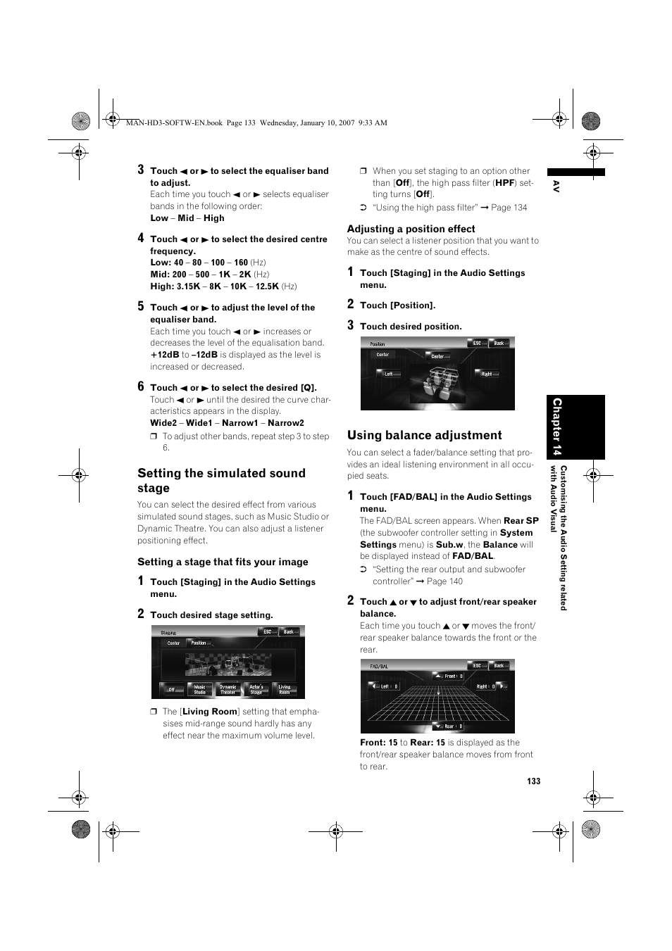 Setting the simulated sound stage, Using balance adjustment | Pioneer AVIC-HD3 User Manual | Page 135 / 202