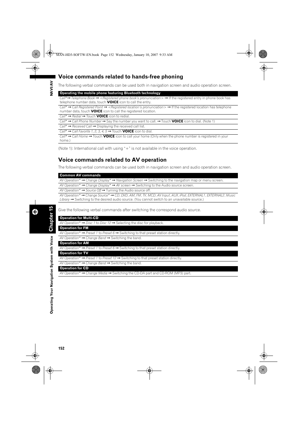 Voice commands related to hands-free phoning, Voice commands related to av operation | Pioneer AVIC-HD3 User Manual | Page 154 / 202