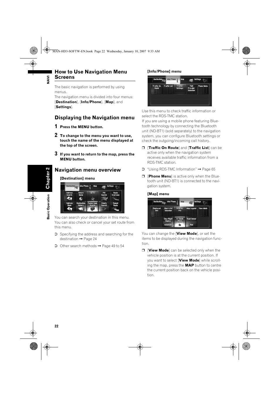 How to use navigation menu screens, Displaying the navigation menu, Navigation menu overview | Pioneer AVIC-HD3 User Manual | Page 24 / 202