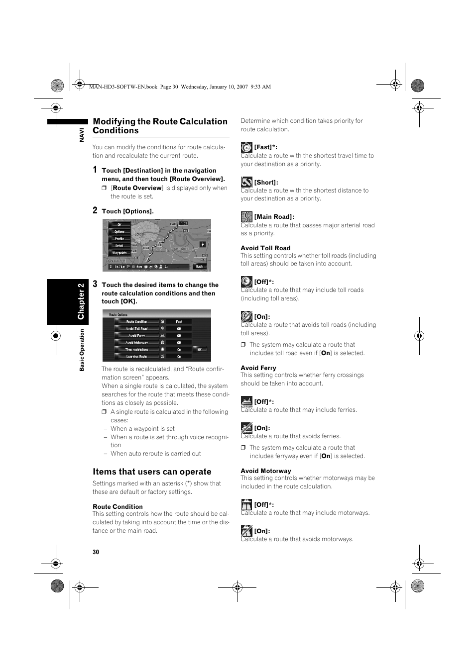 Modifying the route calculation conditions, Items that users can operate | Pioneer AVIC-HD3 User Manual | Page 32 / 202