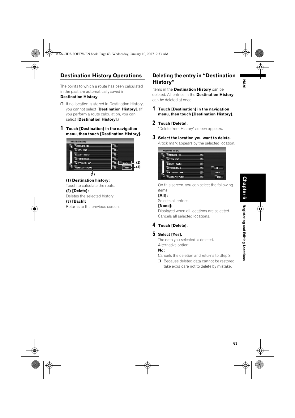 Destination history operations, Deleting the entry in “destination history | Pioneer AVIC-HD3 User Manual | Page 65 / 202