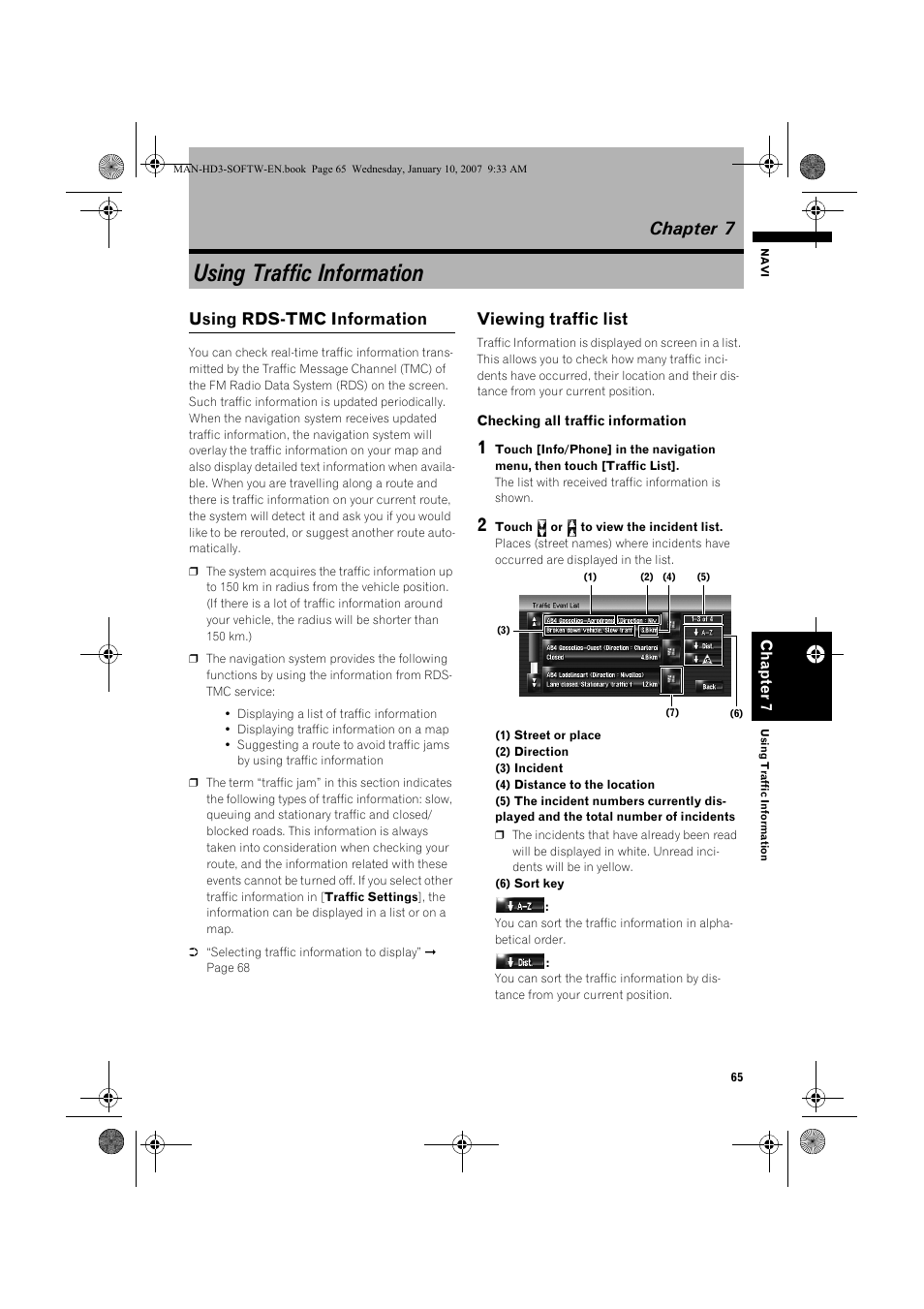 Using traffic information, Chapter 7, Using rds-tmc information | Viewing traffic list | Pioneer AVIC-HD3 User Manual | Page 67 / 202