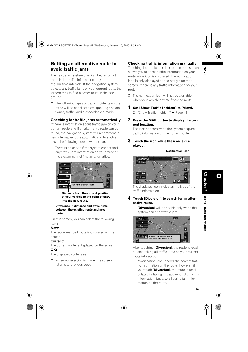 Setting an alternative route to avoid traffic jams | Pioneer AVIC-HD3 User Manual | Page 69 / 202