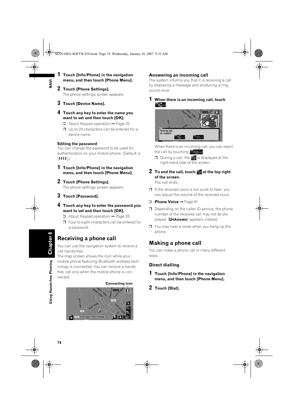 Receiving a phone call, Making a phone call | Pioneer AVIC-HD3 User Manual | Page 76 / 202