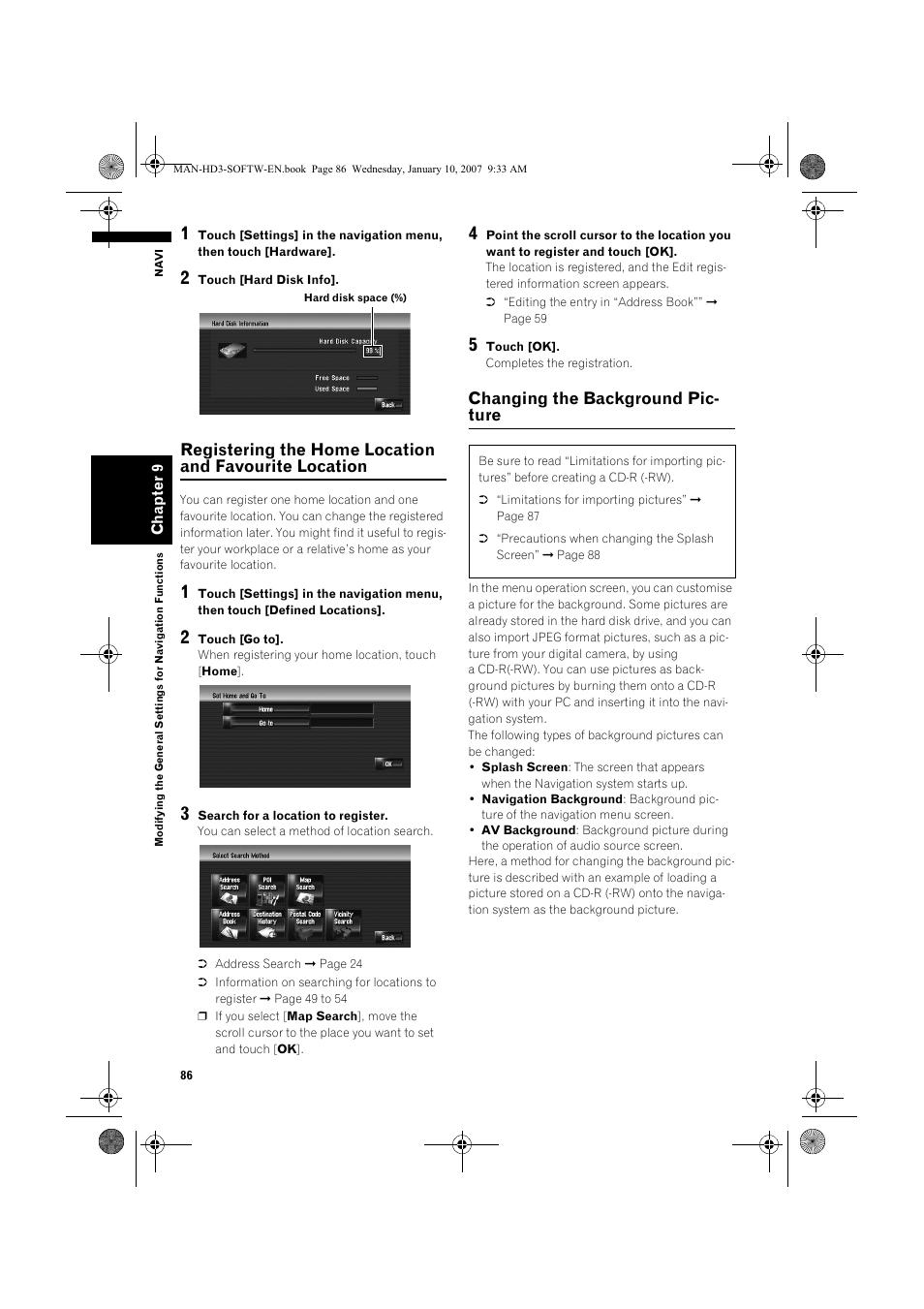 Changing the background pic- ture | Pioneer AVIC-HD3 User Manual | Page 88 / 202