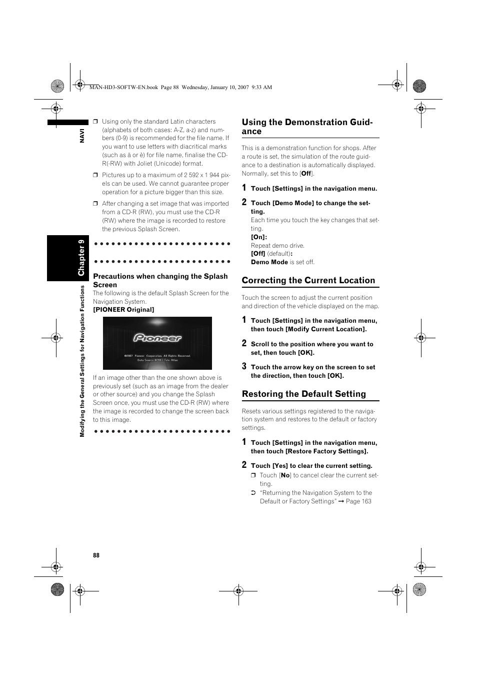 Using the demonstration guid- ance, Correcting the current location, Restoring the default setting | Pioneer AVIC-HD3 User Manual | Page 90 / 202