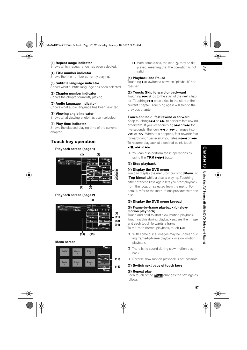 Touch key operation | Pioneer AVIC-HD3 User Manual | Page 99 / 202