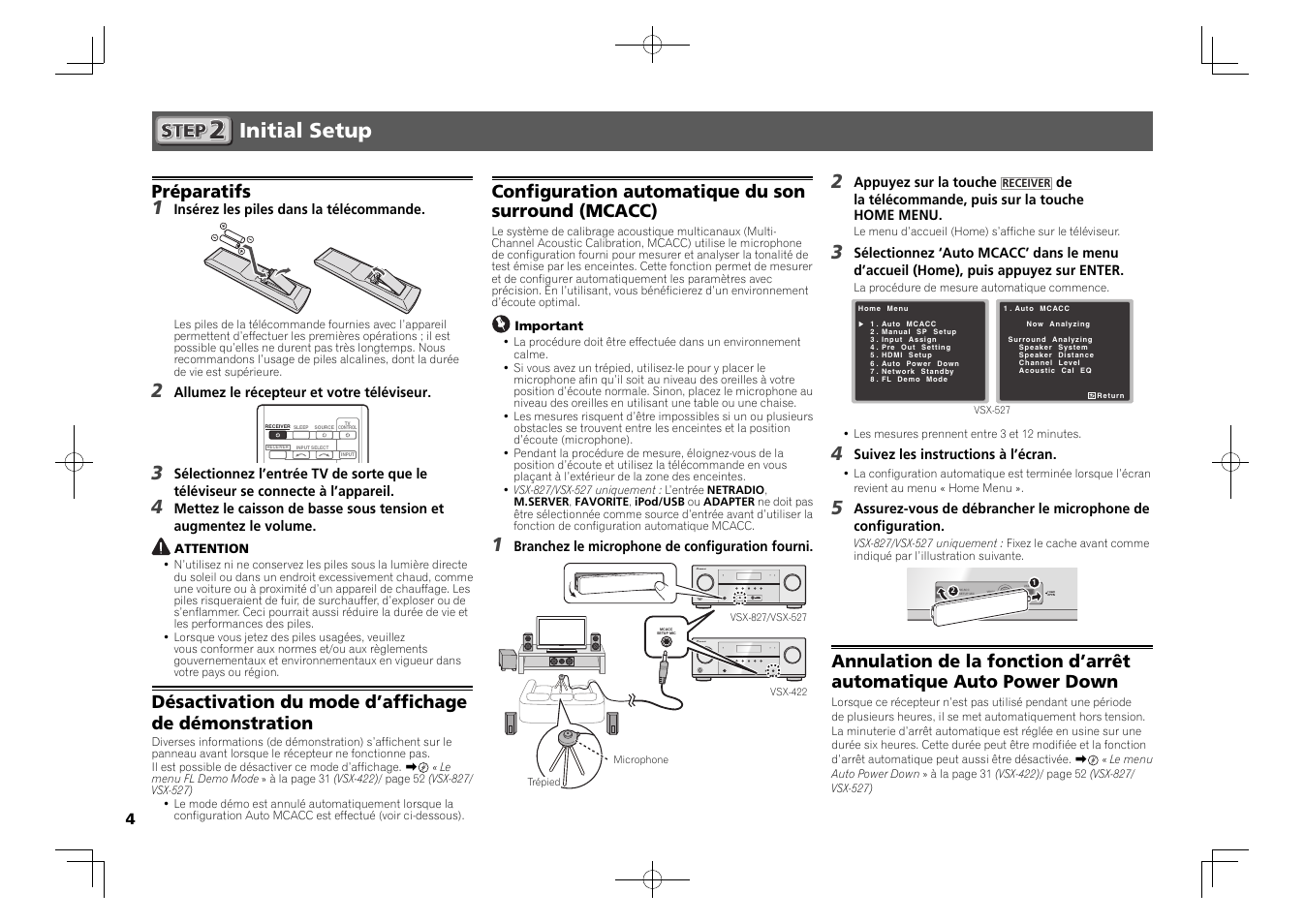 Initial setup, Control on / off 2, Préparatifs | Confi guration automatique du son surround (mcacc) | Pioneer VSX-827-K User Manual | Page 10 / 44