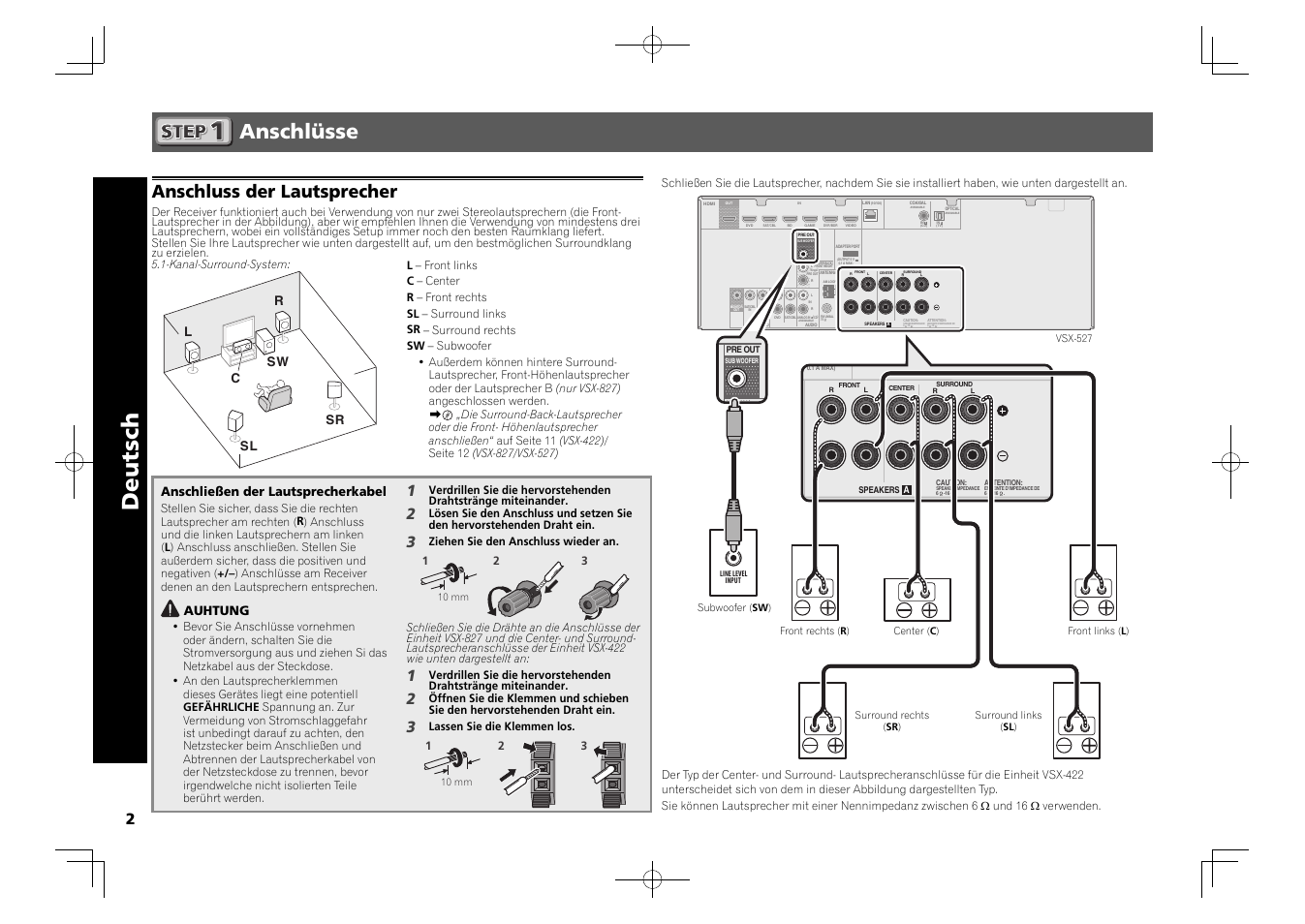 Av receiver, Kurzanleitung, Deutsch | Anschlüsse, Anschluss der lautsprecher | Pioneer VSX-827-K User Manual | Page 14 / 44