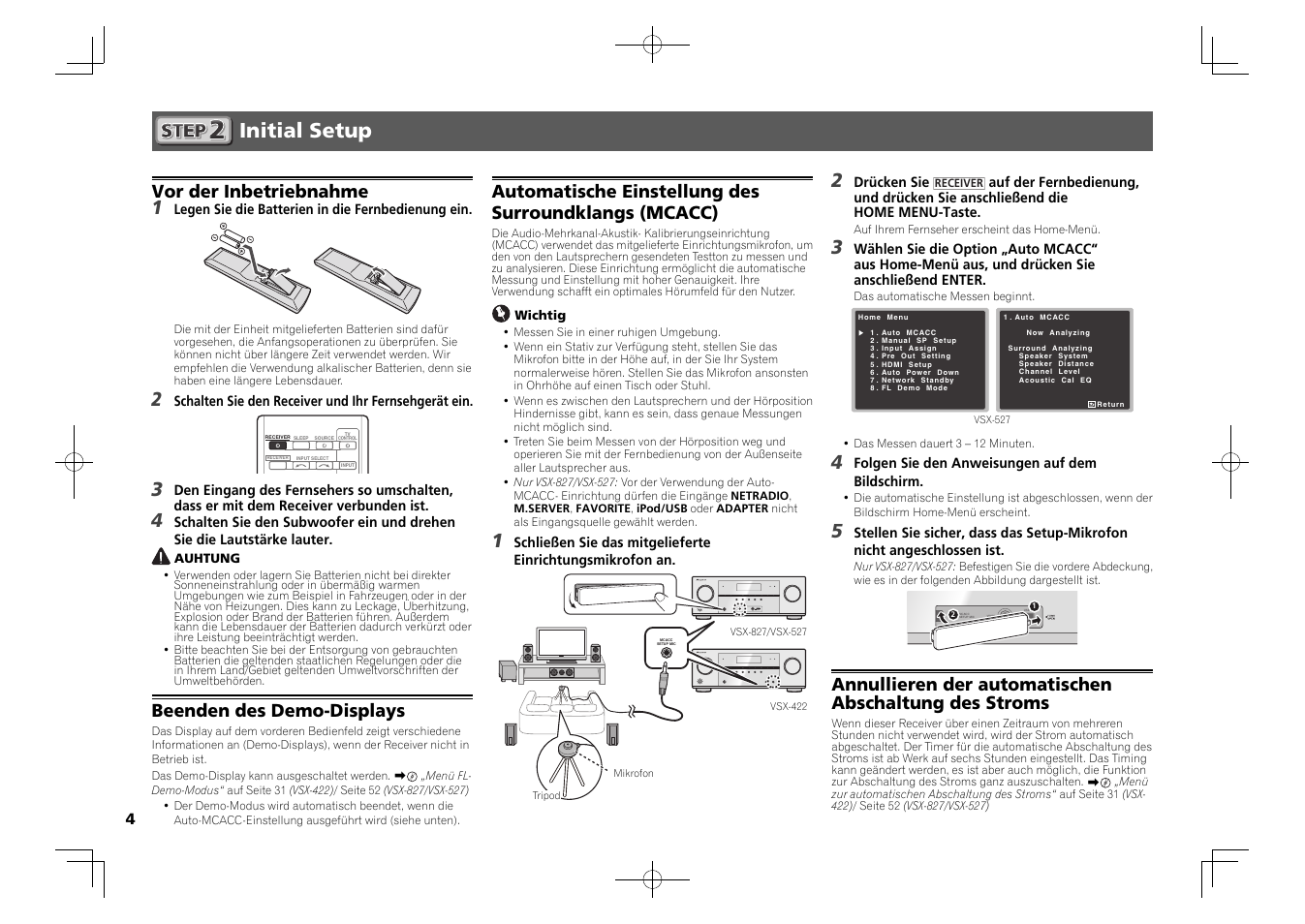 Initial setup, Control on / off 2, Vor der inbetriebnahme | Beenden des demo-displays | Pioneer VSX-827-K User Manual | Page 16 / 44