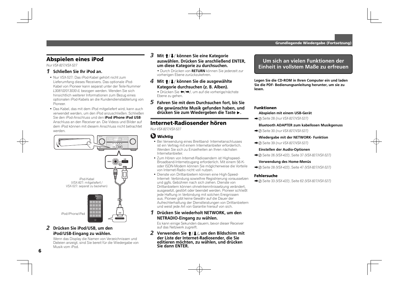 Control on / off, Abspielen eines ipod, Internet-radiosender hören | Pioneer VSX-827-K User Manual | Page 18 / 44