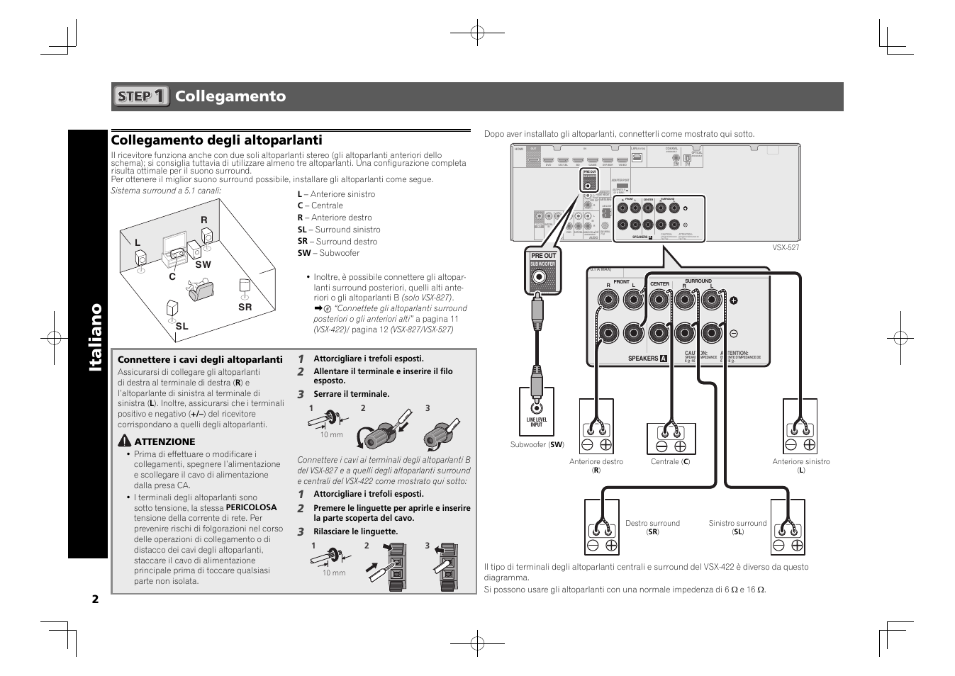 Sintoamplificatore av, Guida di avvio rapido, Italiano | Collegamento, Collegamento degli altoparlanti, Connettere i cavi degli altoparlanti, Attenzione, Rsl l sw c sr | Pioneer VSX-827-K User Manual | Page 20 / 44