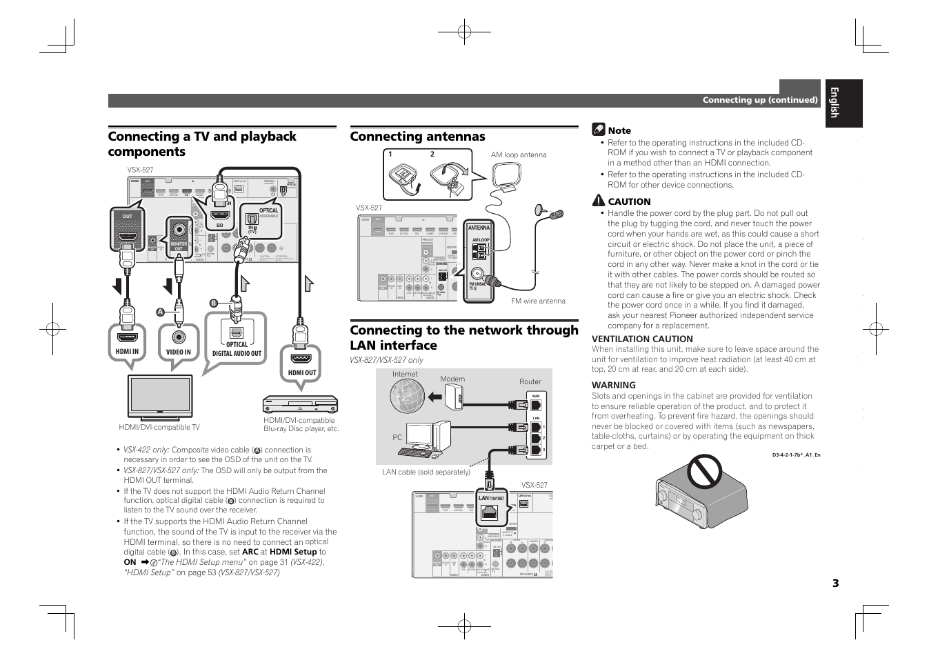 Assignable 1, Assignable assig 1, Speaker im 6 -16 | Assignable, Connecting a tv and playback components, Connecting antennas, Connecting to the network through lan interface, Caution, Ventilation caution, Warning | Pioneer VSX-827-K User Manual | Page 3 / 44