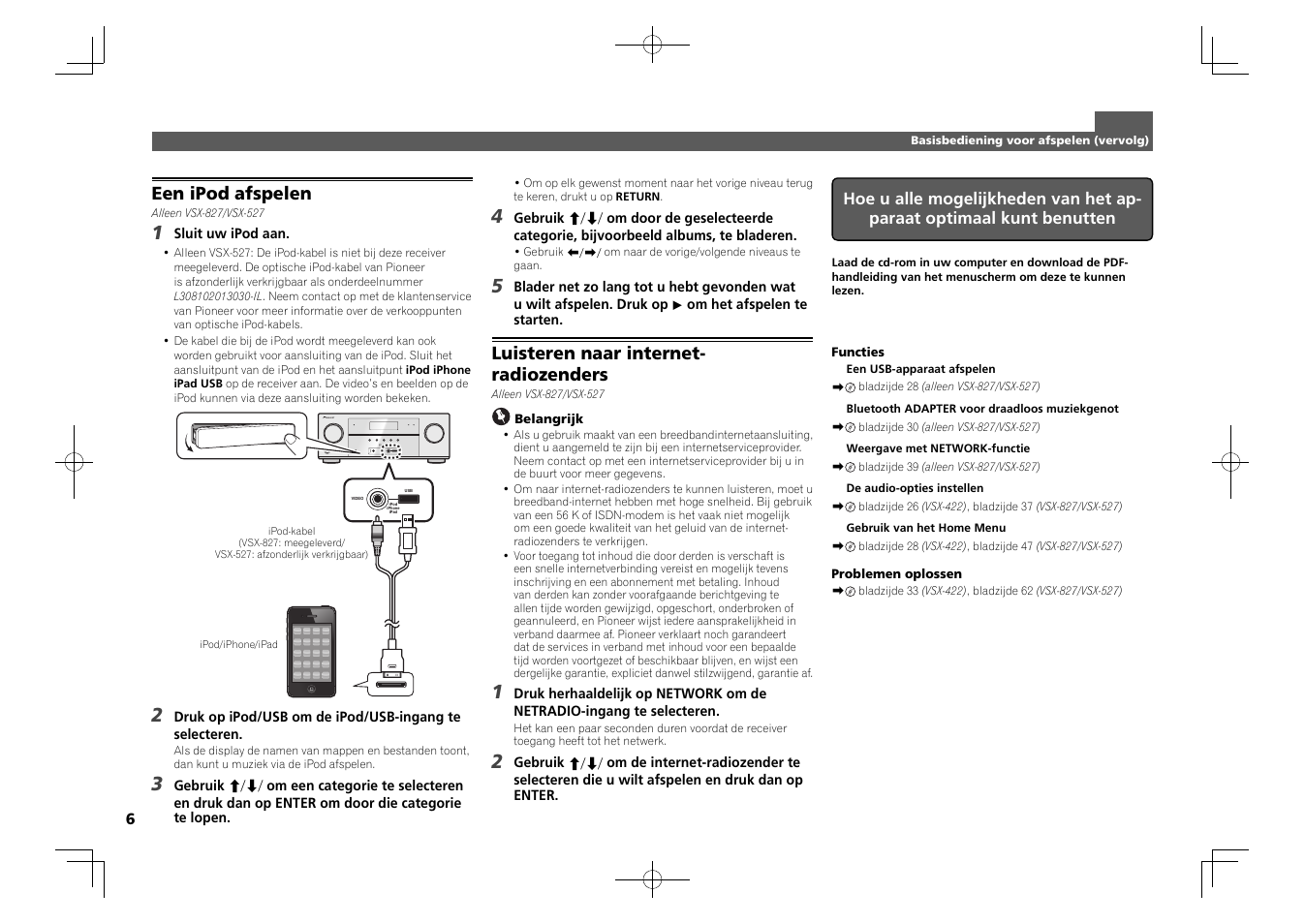 Control on / off, Een ipod afspelen, Luisteren naar internet- radiozenders | Pioneer VSX-827-K User Manual | Page 30 / 44