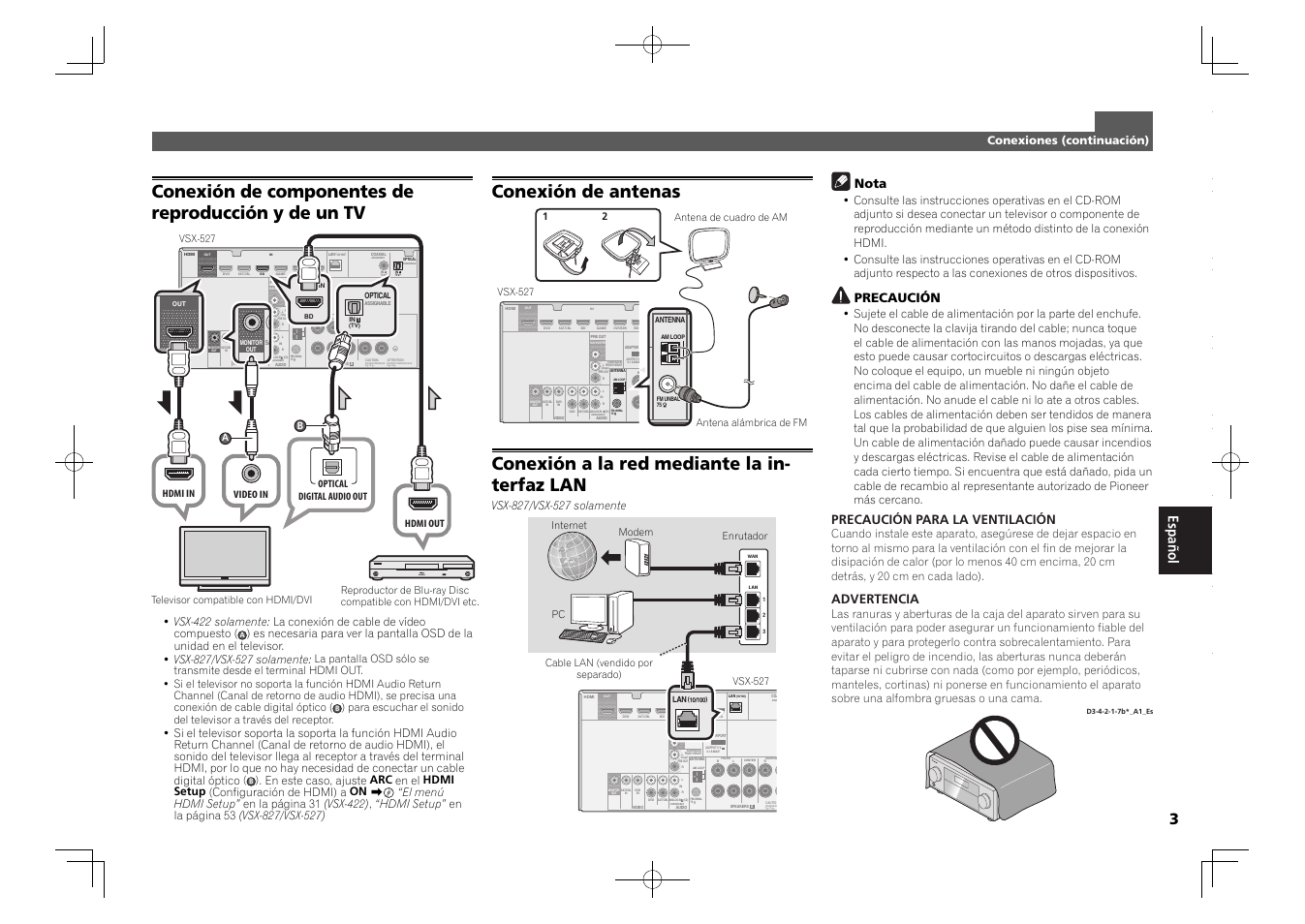 Assignable 1, Assignable assig 1, Speaker im 6 -16 | Assignable, Conexión de componentes de reproducción y de un tv, Conexión de antenas, Conexión a la red mediante la in- terfaz lan, Nota, Precaución, Precaución para la ventilación | Pioneer VSX-827-K User Manual | Page 33 / 44